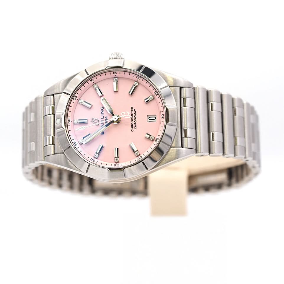 Ogden Vintage Watches Ogden Vintage Watch Breitling Lady Chronomat Automatic Watch – Steel, Diamond Dot Pink Dial