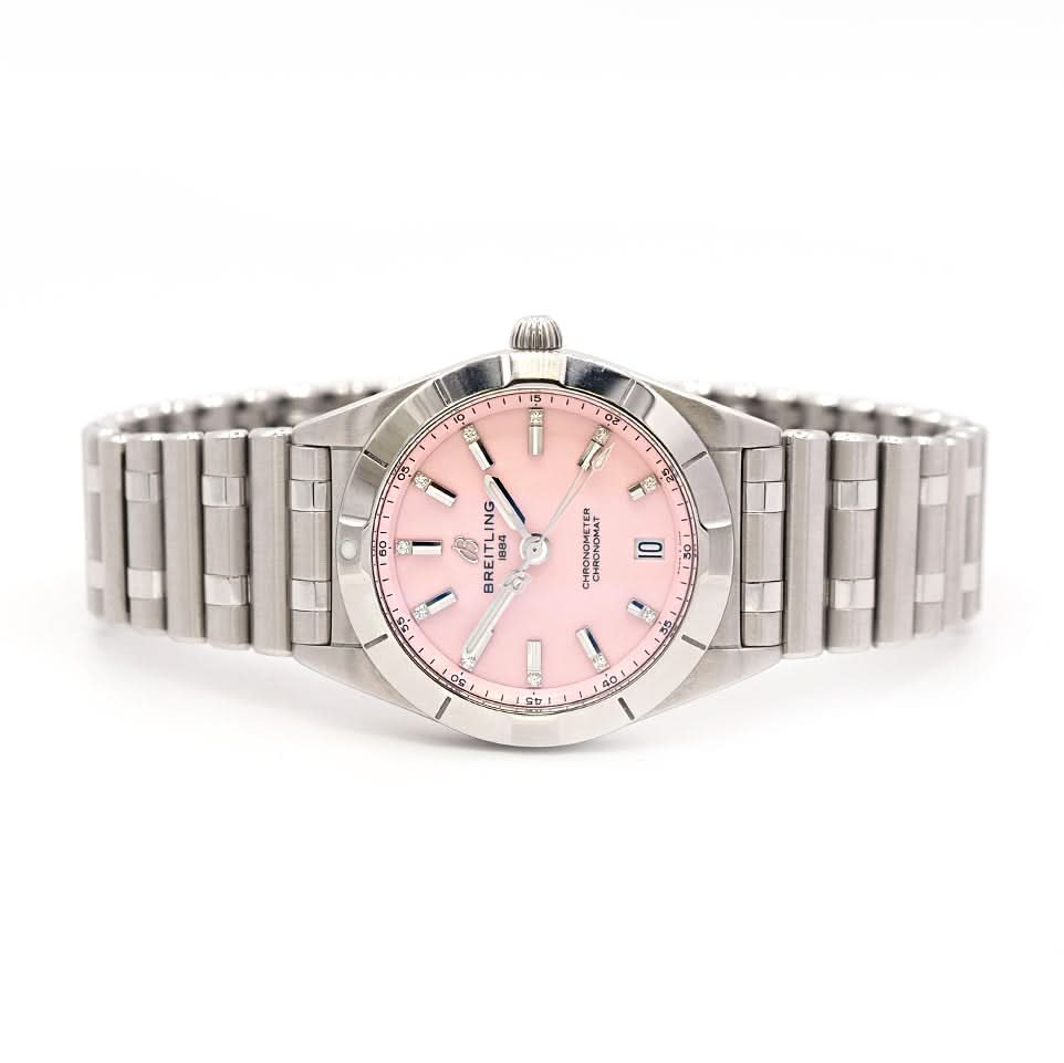 Ogden Vintage Watches Ogden Vintage Watch Breitling Lady Chronomat Automatic Watch – Steel, Diamond Dot Pink Dial