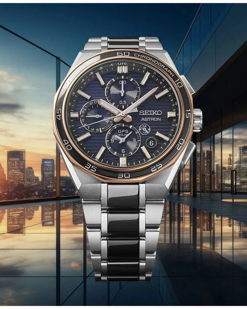 Seiko Luxury Watch Seiko Astron Limited Edition GPS Solar Gents Watch — Steel Bracelet, World Time, Rose Gold Accents