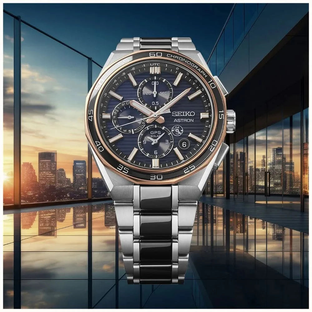 Seiko Luxury Watch Seiko Astron Limited Edition GPS Solar Gents Watch — Steel Bracelet, World Time, Rose Gold Accents