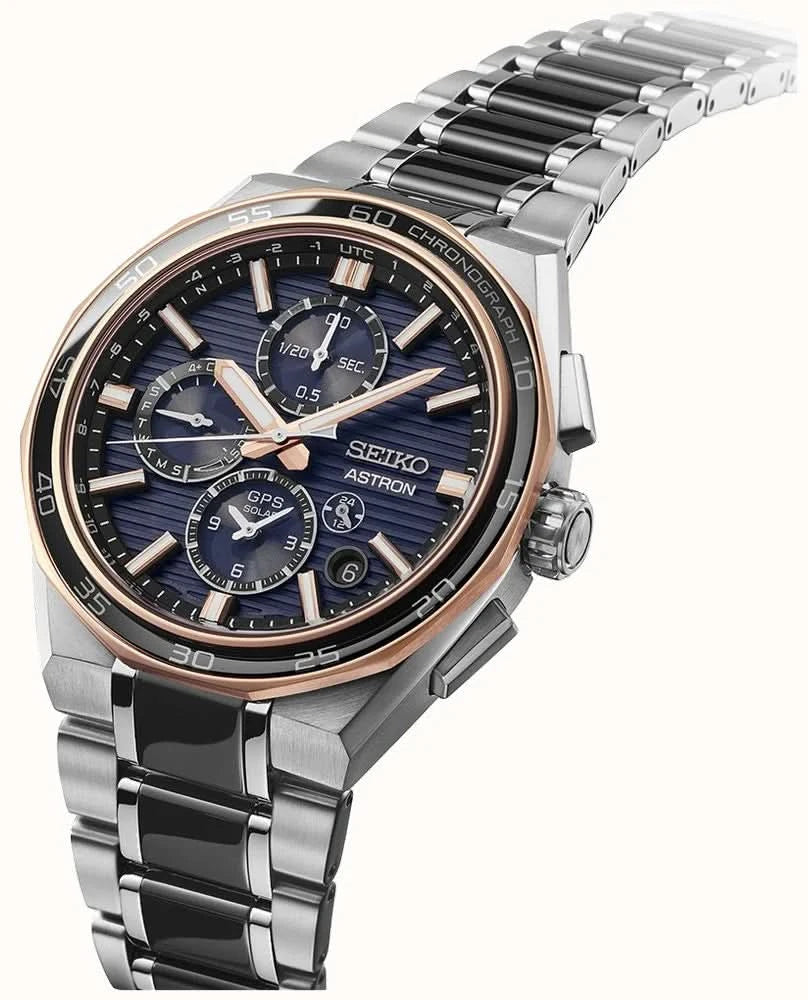 Seiko Luxury Watch Seiko Astron Limited Edition GPS Solar Gents Watch — Steel Bracelet, World Time, Rose Gold Accents