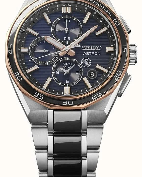 Seiko Luxury Watch Seiko Astron Limited Edition GPS Solar Gents Watch — Steel Bracelet, World Time, Rose Gold Accents