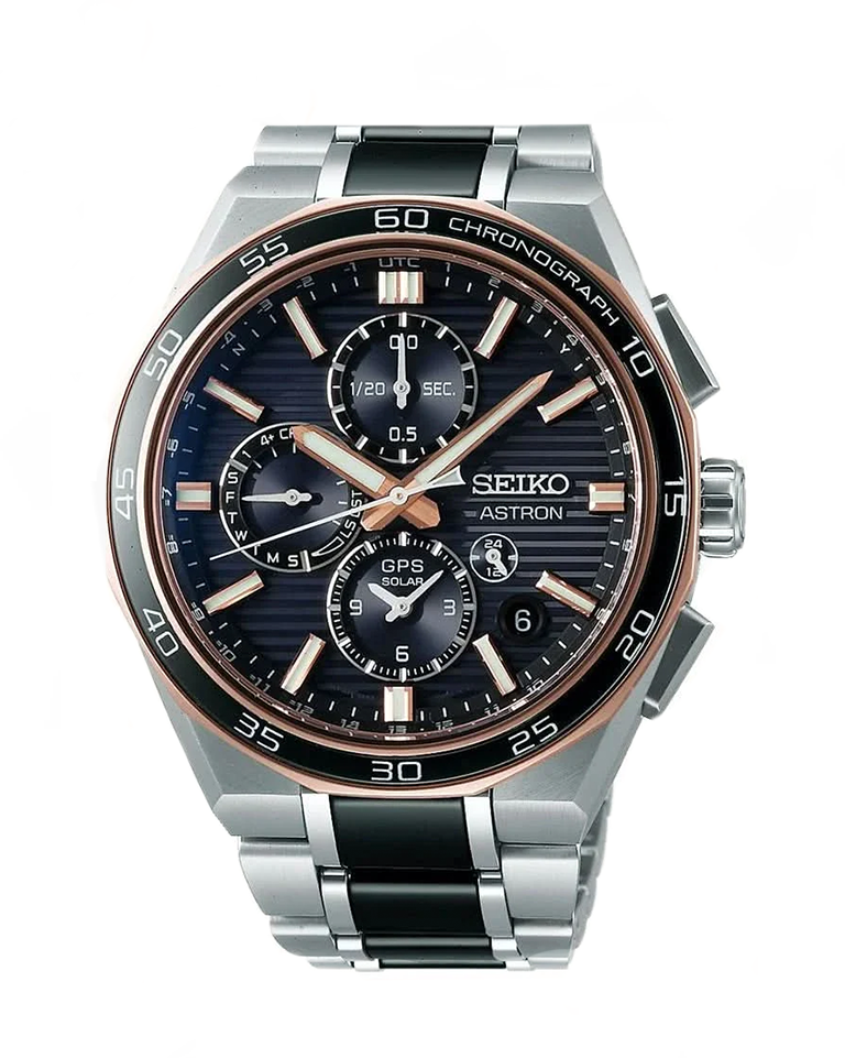 Seiko Luxury Watch Seiko Astron Limited Edition GPS Solar Gents Watch — Steel Bracelet, World Time, Rose Gold Accents