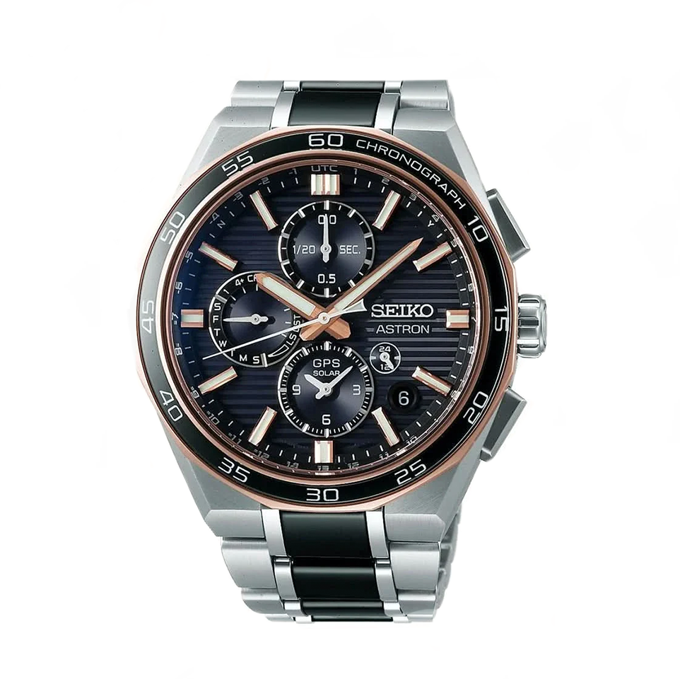 Seiko Luxury Watch Seiko Astron Limited Edition GPS Solar Gents Watch — Steel Bracelet, World Time, Rose Gold Accents
