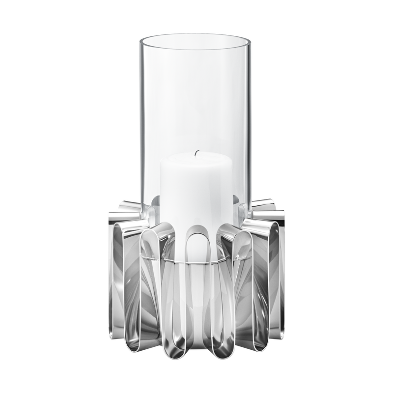 Georg Jensen Silverware Homewares Gifts Georg Jensen Frequency Medium Hurricane Lamp - Stainless Steel and Glass (10014935)