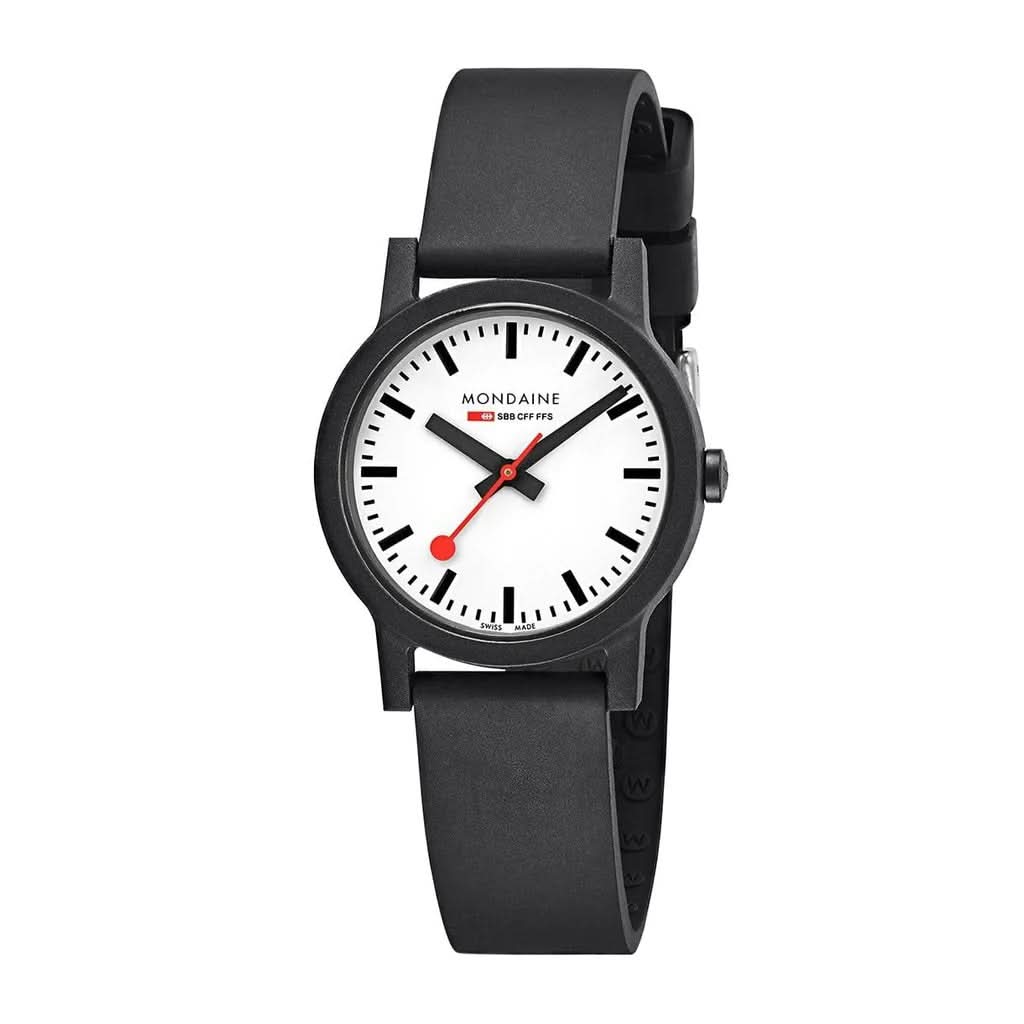 Mondaine Luxury Watches Black Mondaine Essence Vegan Sustainable Watch with Black Bio-Based PU Strap