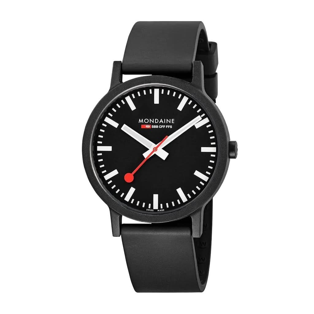 Mondaine Luxury Watches Black Mondaine Essence Vegan Sustainable Watch with Black Bio-Based PU Strap