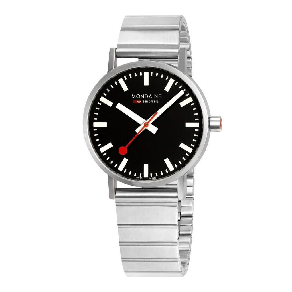 Mondaine Luxury Watches Black Mondaine Stainless Steel Brushed Case Black Dial and Metal Bracelet