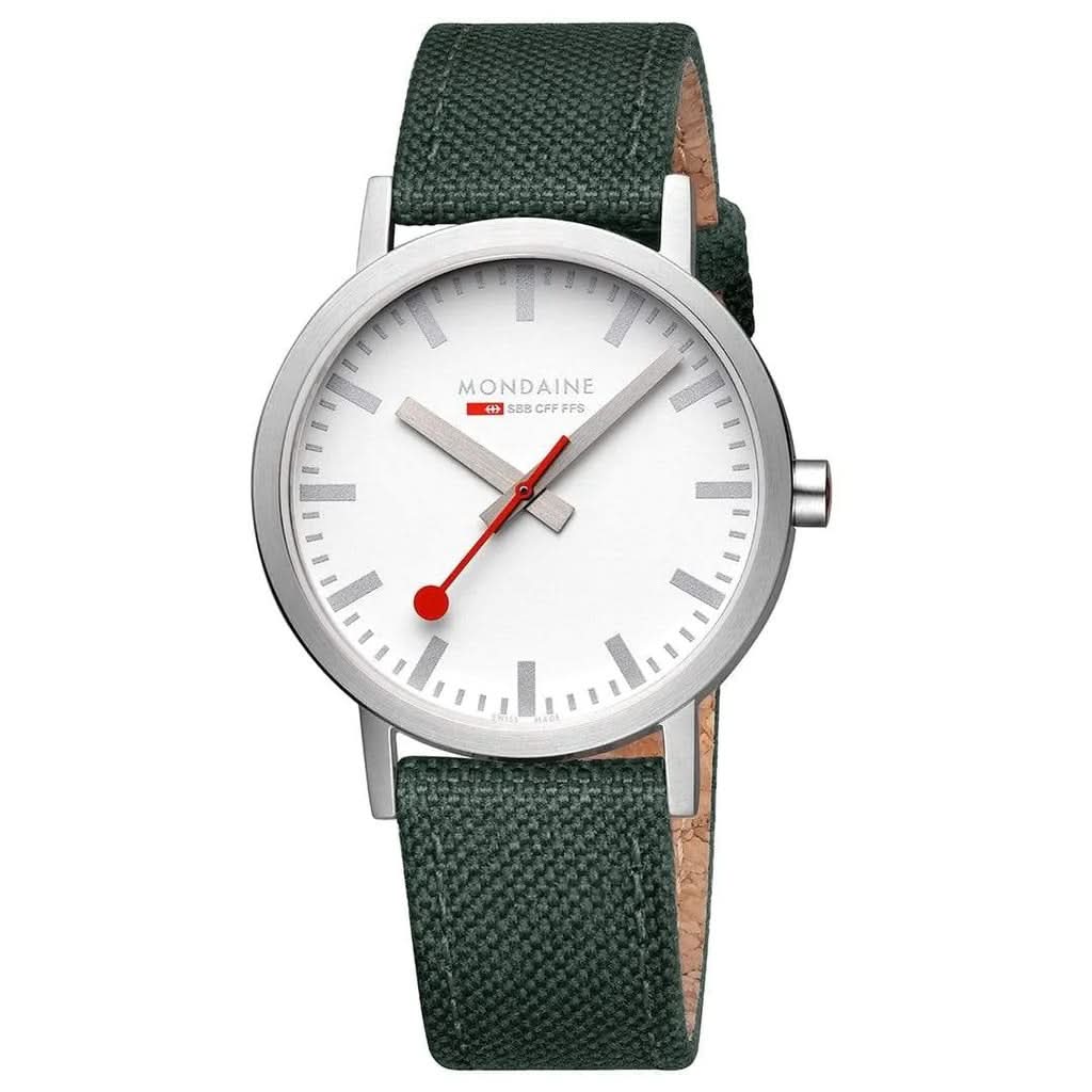 Mondaine Luxury Watches White Mondaine Classic Stainless Steel Watch with Park Green Leather Strap