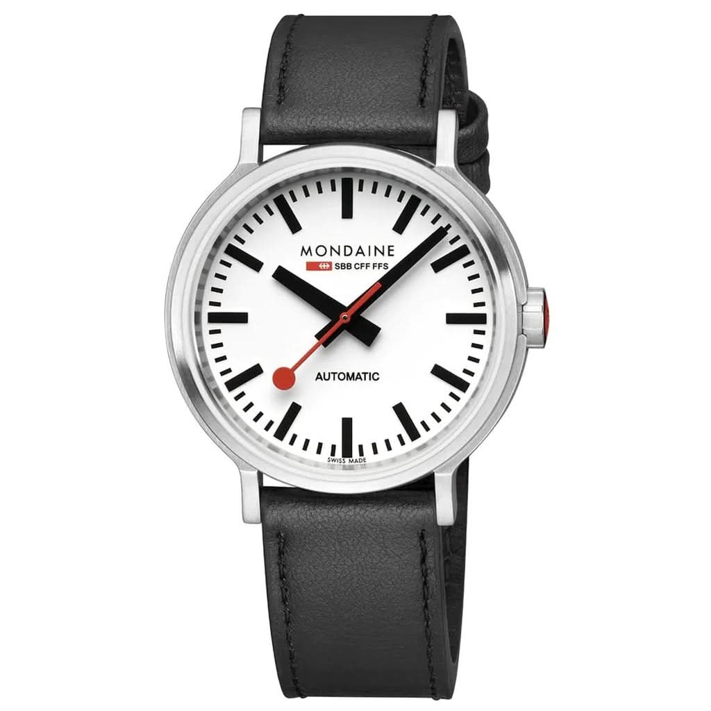 Mondaine Luxury Watches White Mondaine Original Automatic Stainless Steel Watch with Black Leather Strap
