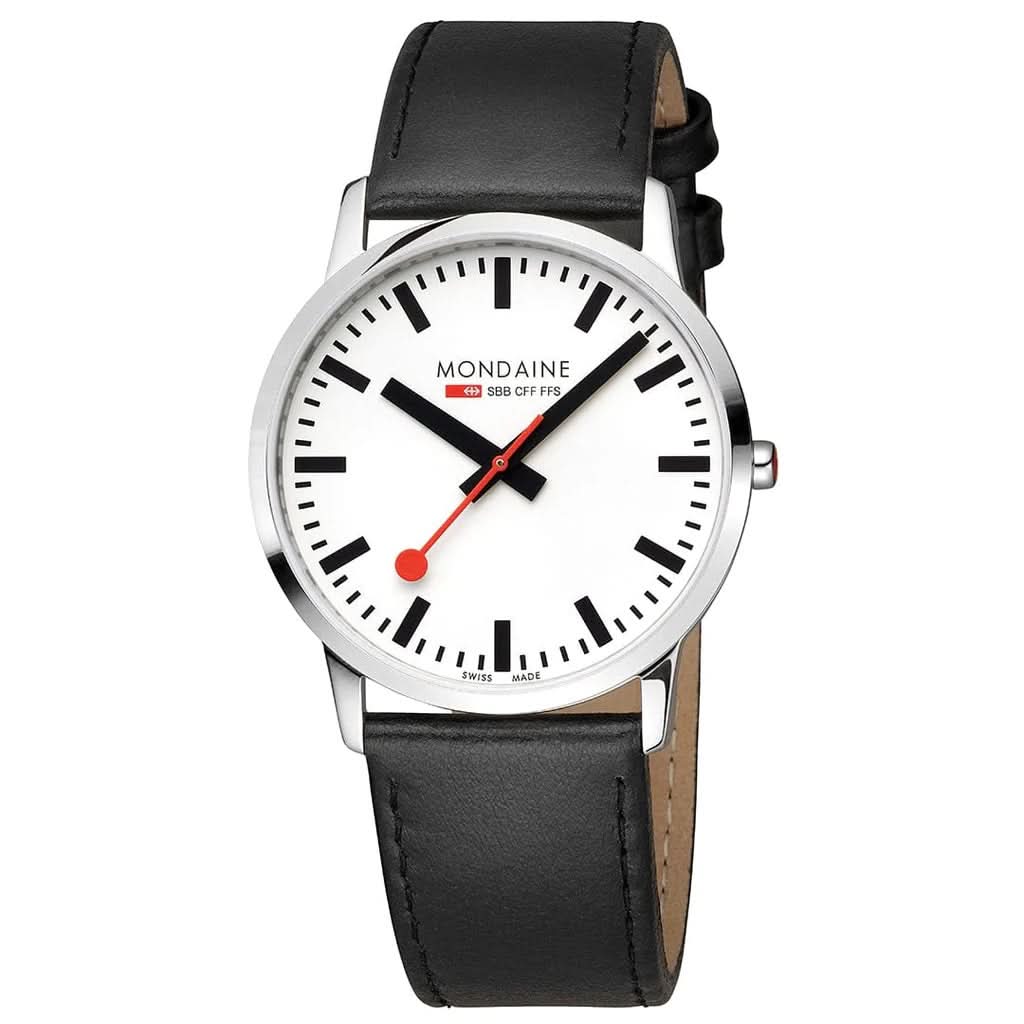 Mondaine Luxury Watches White Mondaine Simply Elegant Stainless Steel Watch with Black Leather Strap