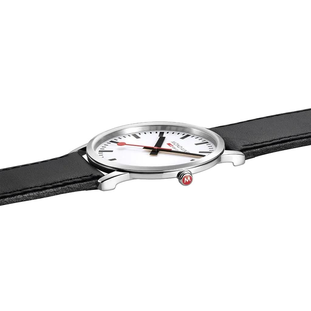 Mondaine Luxury Watches White Mondaine Simply Elegant Stainless Steel Watch with Black Leather Strap