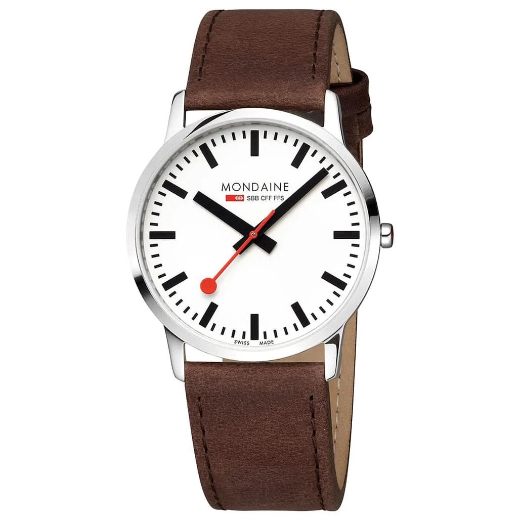Mondaine Luxury Watches White Mondaine Simply Elegant Stainless Steel Watch with Brown Leather Strap