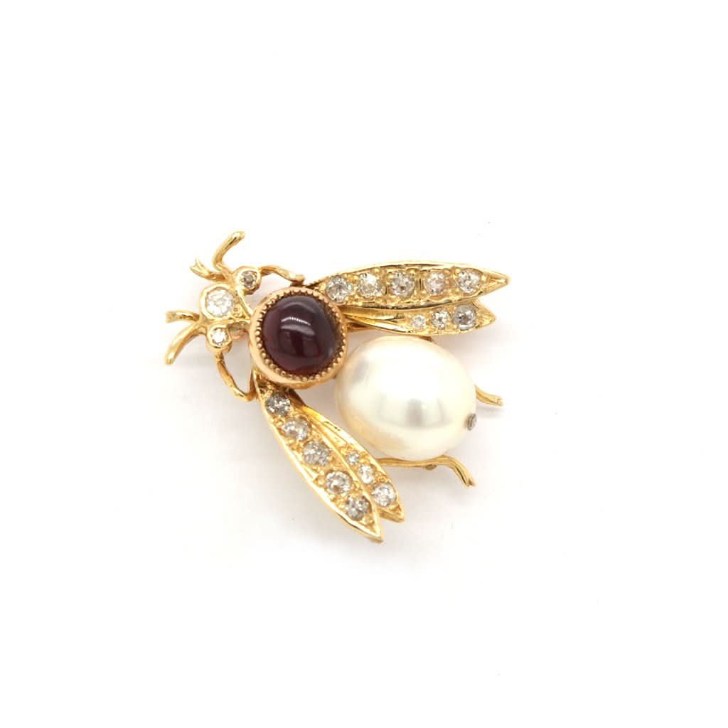 Ogden of Harrogate Jewellery 15ct Gold Garnet and Cultured Pearl and Diamond Bug Brooch