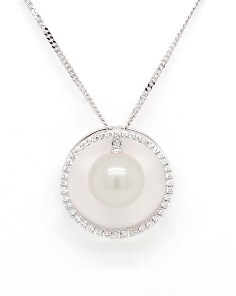 Ogden of Harrogate Jewellery 18ct White Gold, Akoya Cultured Pearl and Diamond Circle Pendant on Chain