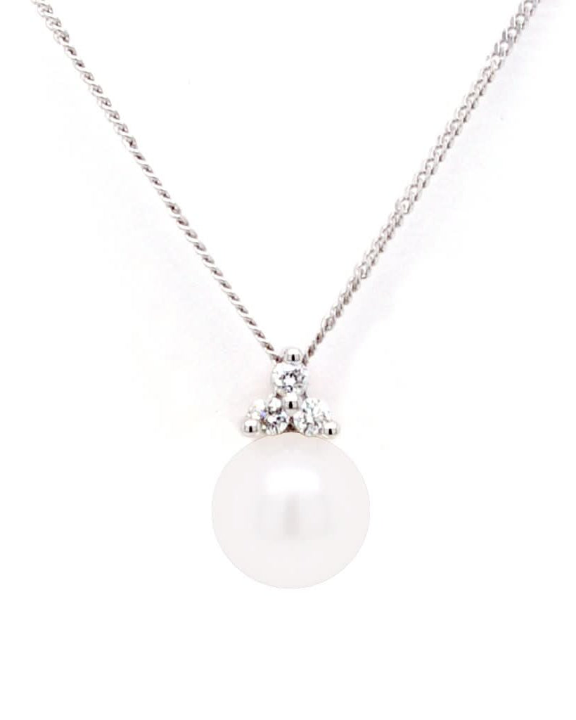 Ogden of Harrogate Jewellery 18ct White Gold, Cultured Pearl and Tri-Diamond Pendant on Chain