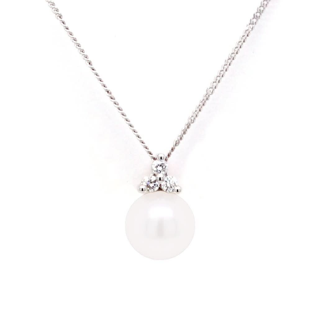 Ogden of Harrogate Jewellery 18ct White Gold, Cultured Pearl and Tri-Diamond Pendant on Chain