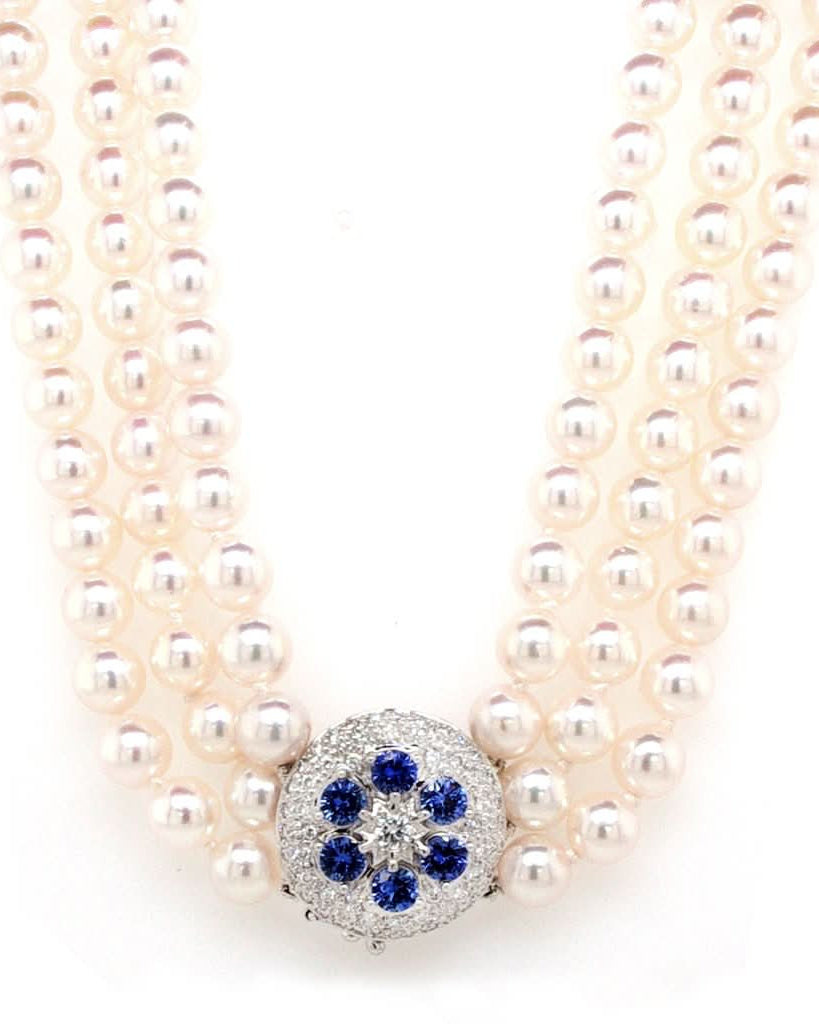 Ogden of Harrogate Jewellery 18ct White Gold Cultured Pearl Three Row Necklace with Diamond and Sapphire Cluster Clasp