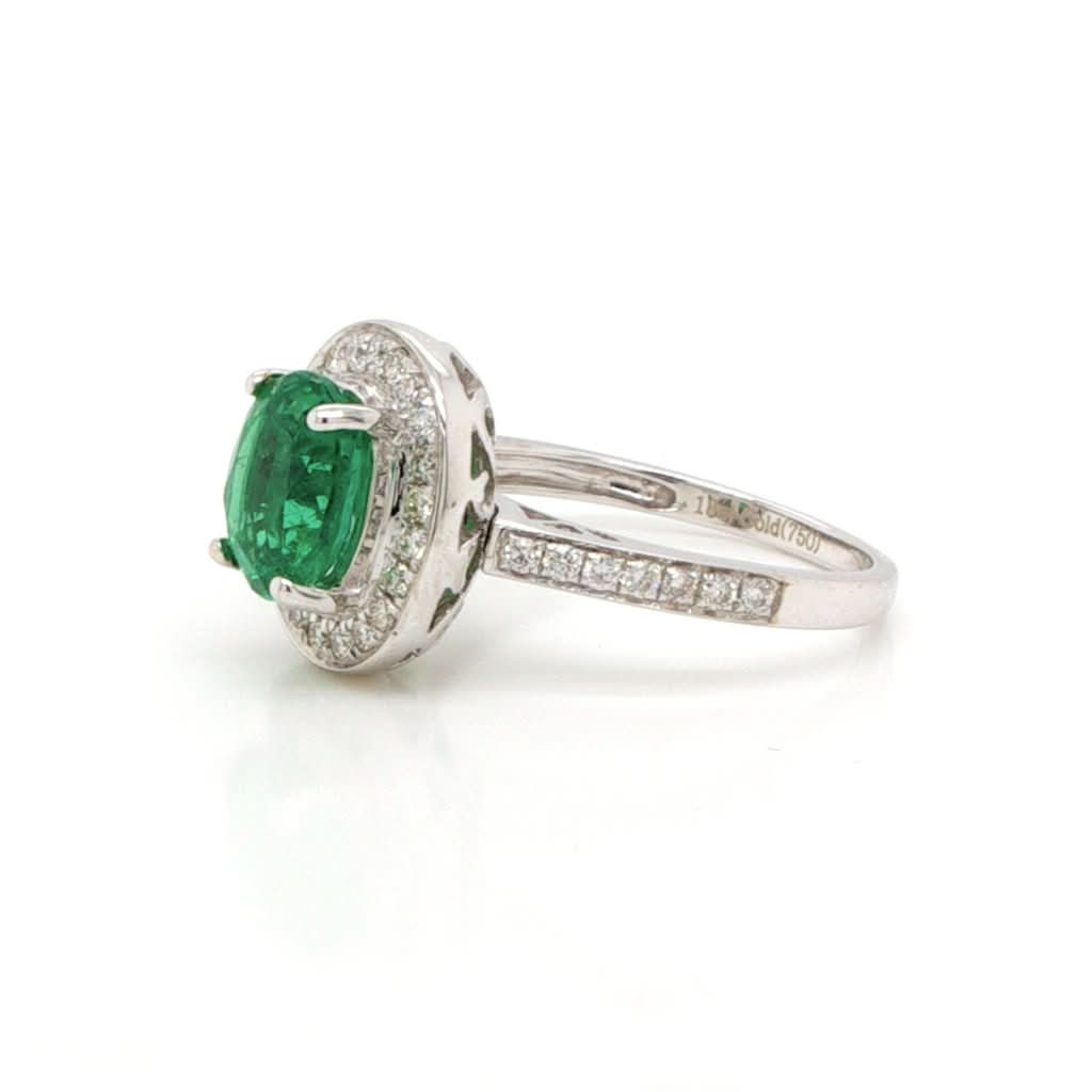 Ogden of Harrogate Jewellery 18ct white Gold, Emerald and Diamond Cluster ring with Diamond-Set Shoulders, Certified Emerald 1.91cts