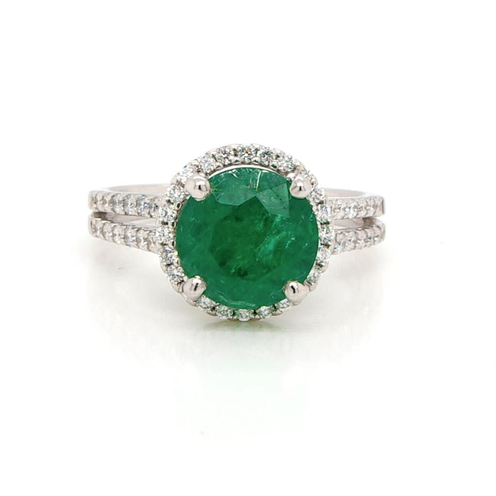 Ogden of Harrogate Jewellery 18ct White Gold, Emerald and Diamond Cluster Ring with Diamond-Set Shoulders, Emerald 2.18cts