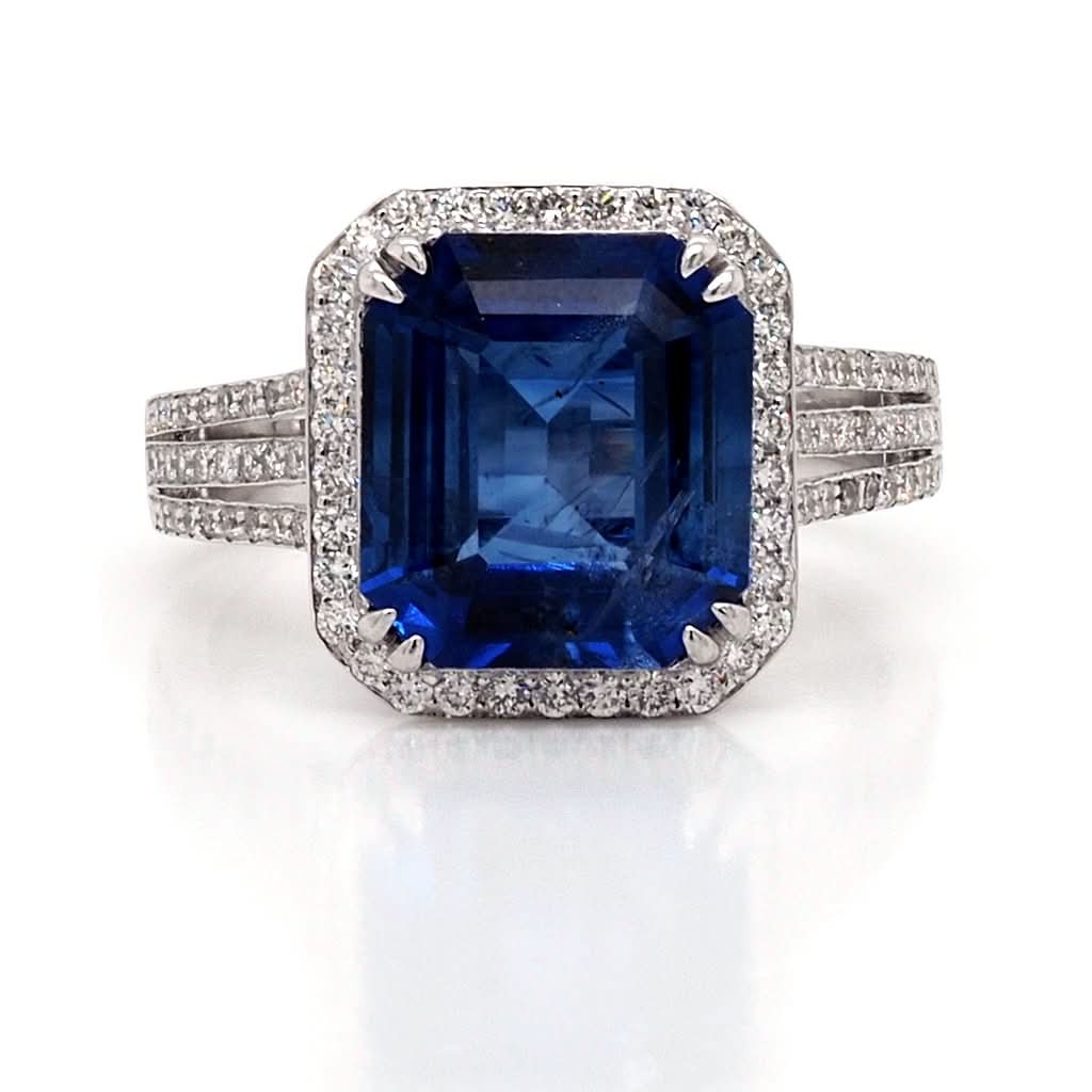 Ogden of Harrogate Jewellery 18ct White Gold, Emerald Cut Sapphire and Diamond Cluster Ring, 5.54cts