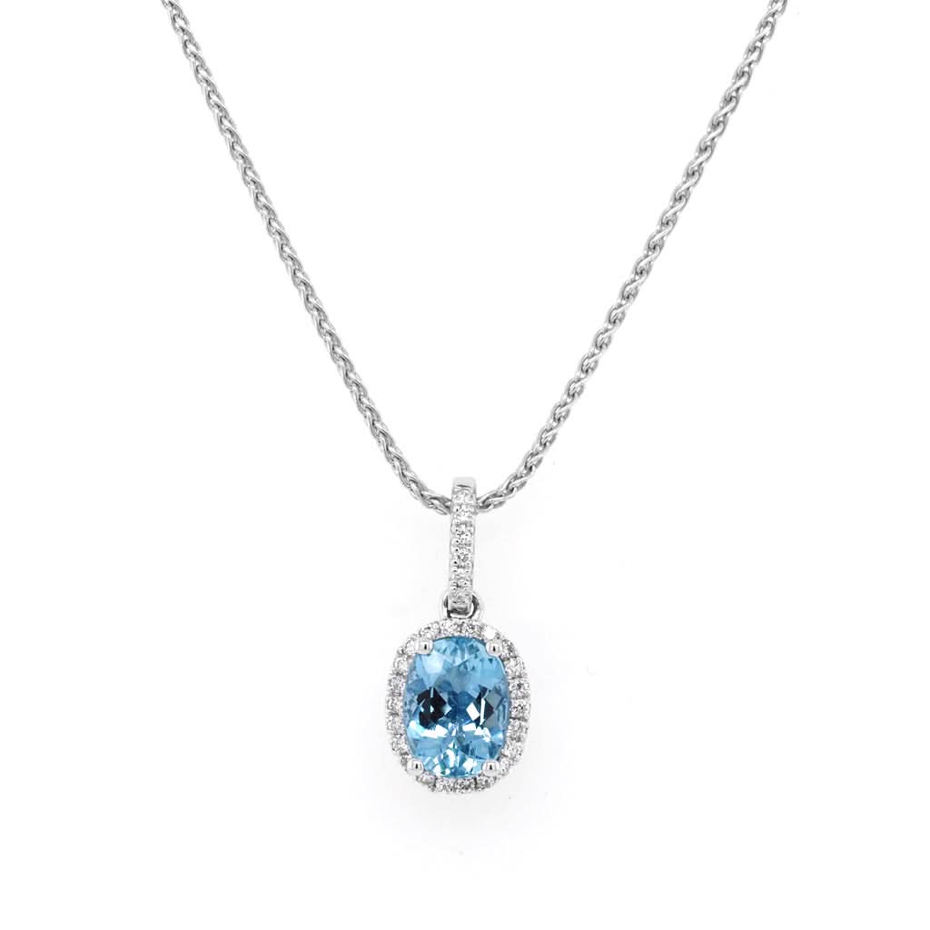 Ogden of Harrogate Jewellery 18ct White Gold Oval Aquamarine and Diamond Cluster Pendant