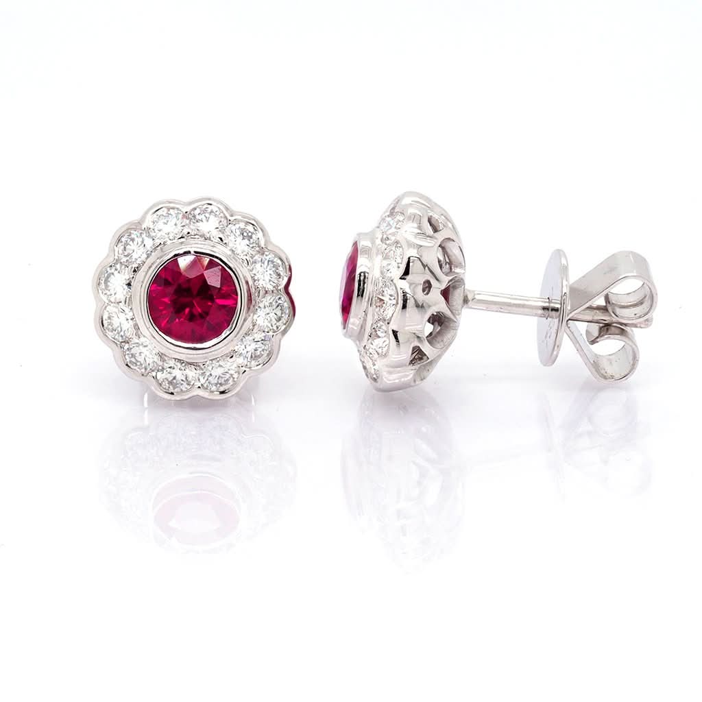 Ogden of Harrogate Jewellery 18ct White Gold, Ruby and Diamond Cluster Earrings