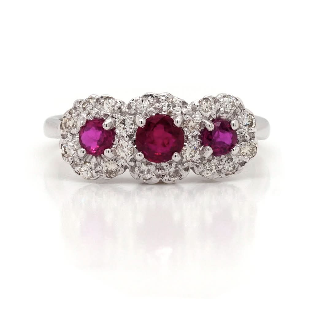 Ogden of Harrogate Jewellery 18ct White Gold, Ruby and Diamond Triple Cluster Ring
