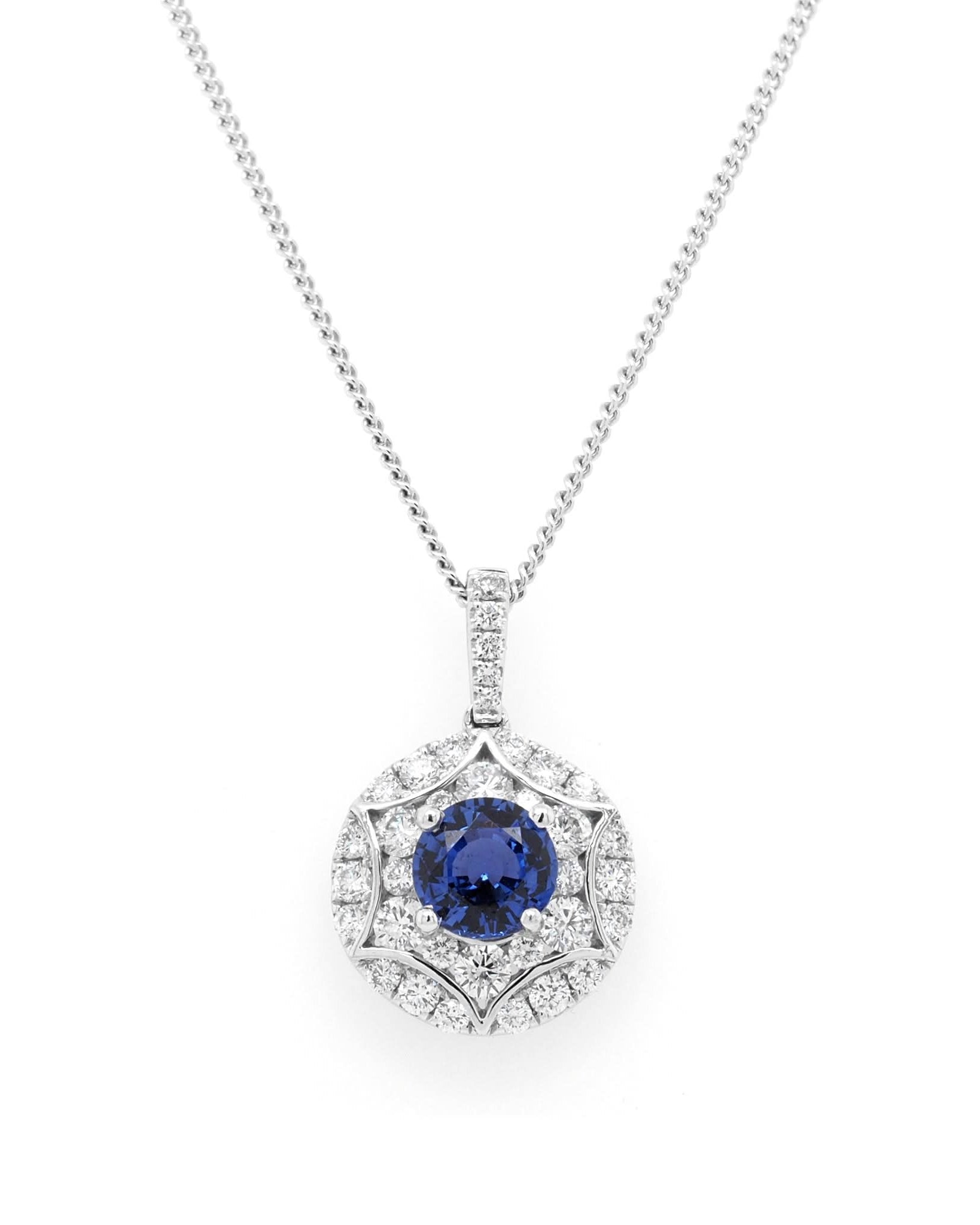 Ogden of Harrogate Jewellery 18ct White Gold Sapphire and Diamond Cluster Pendant