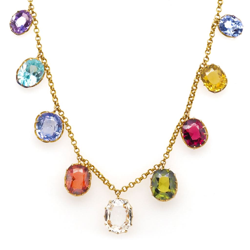 Ogden of Harrogate Jewellery 18ct Yellow Gold Chain Necklace Set with 9 Assorted Oval Gems of Different Colours
