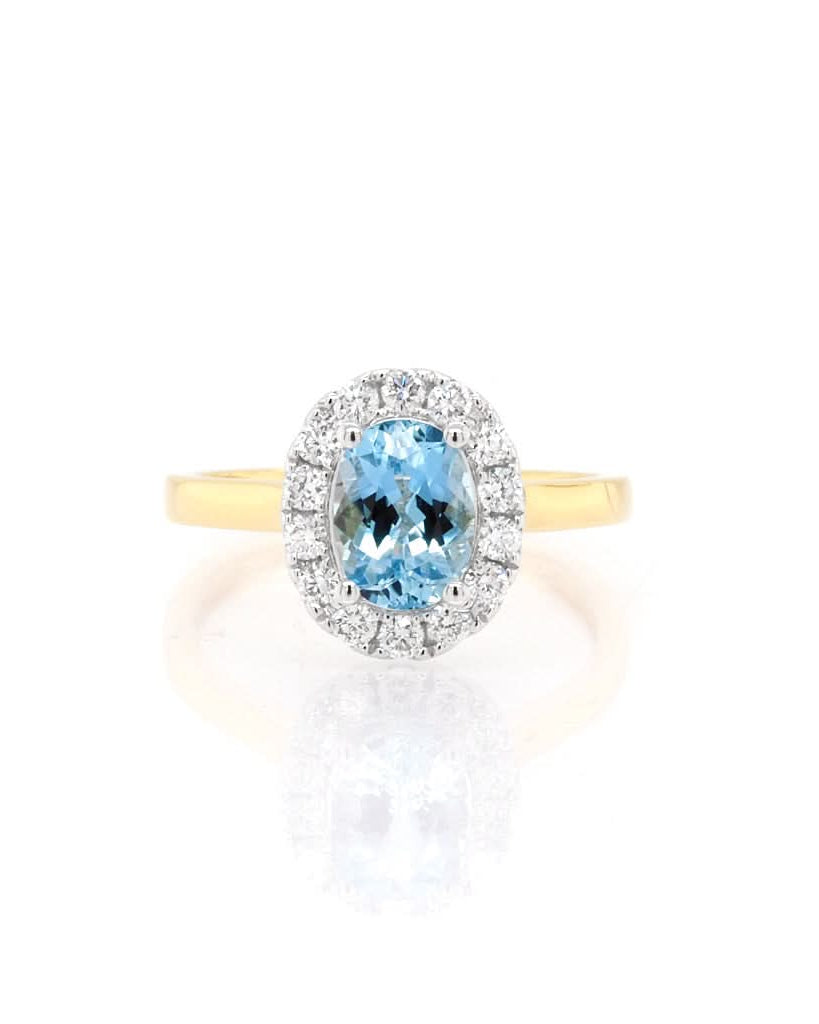 Ogden of Harrogate Jewellery 18ct Yellow Gold Oval Aquamarine and Diamond Cluster Ring