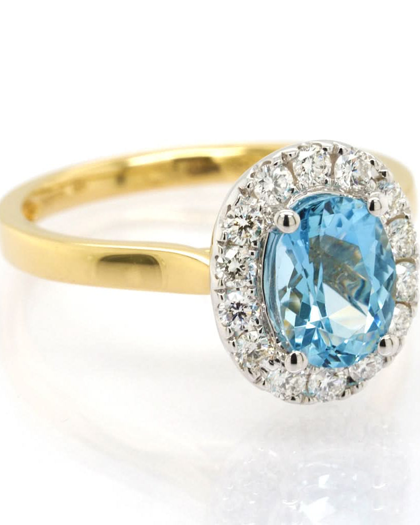 Ogden of Harrogate Jewellery 18ct Yellow Gold Oval Aquamarine and Diamond Cluster Ring