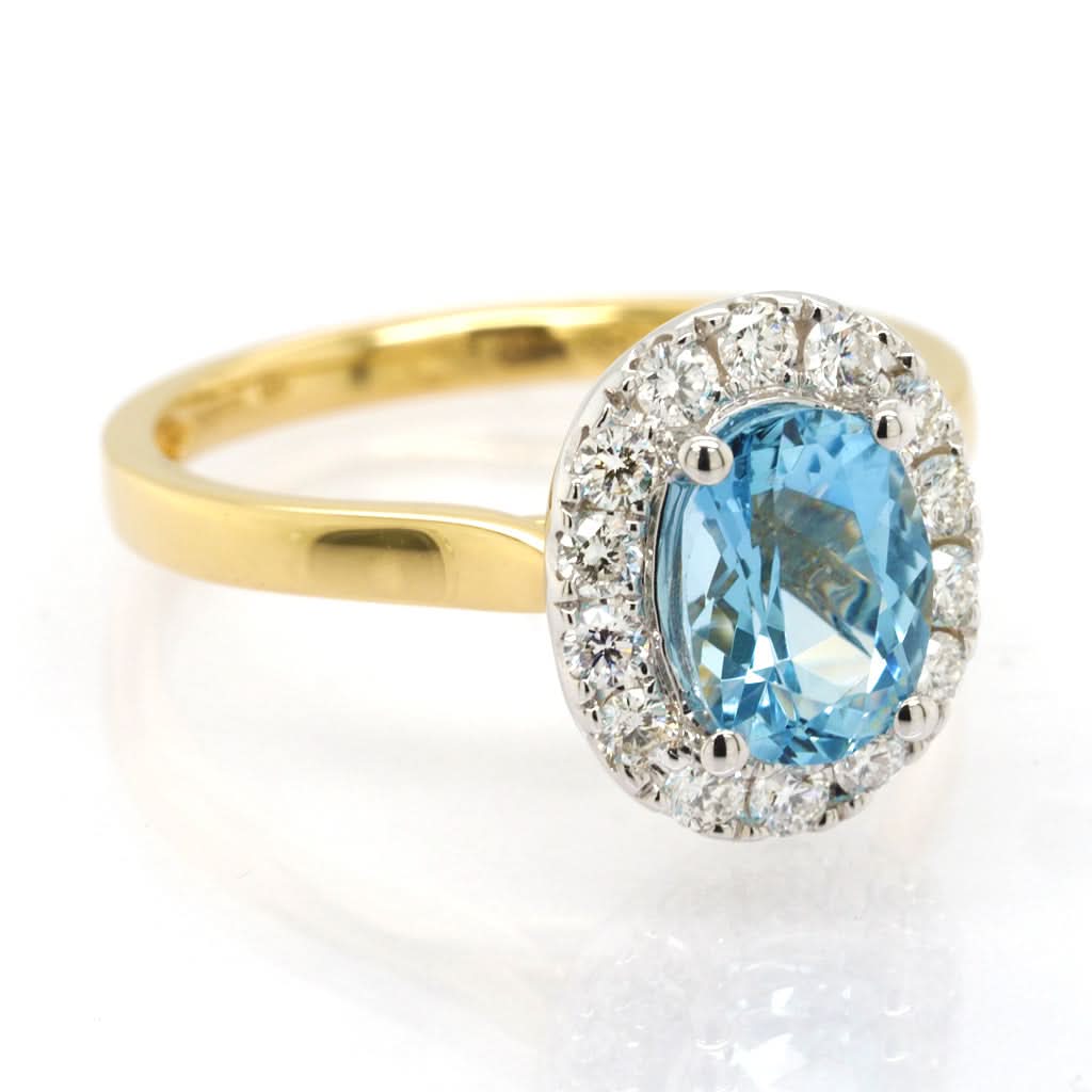 Ogden of Harrogate Jewellery 18ct Yellow Gold Oval Aquamarine and Diamond Cluster Ring
