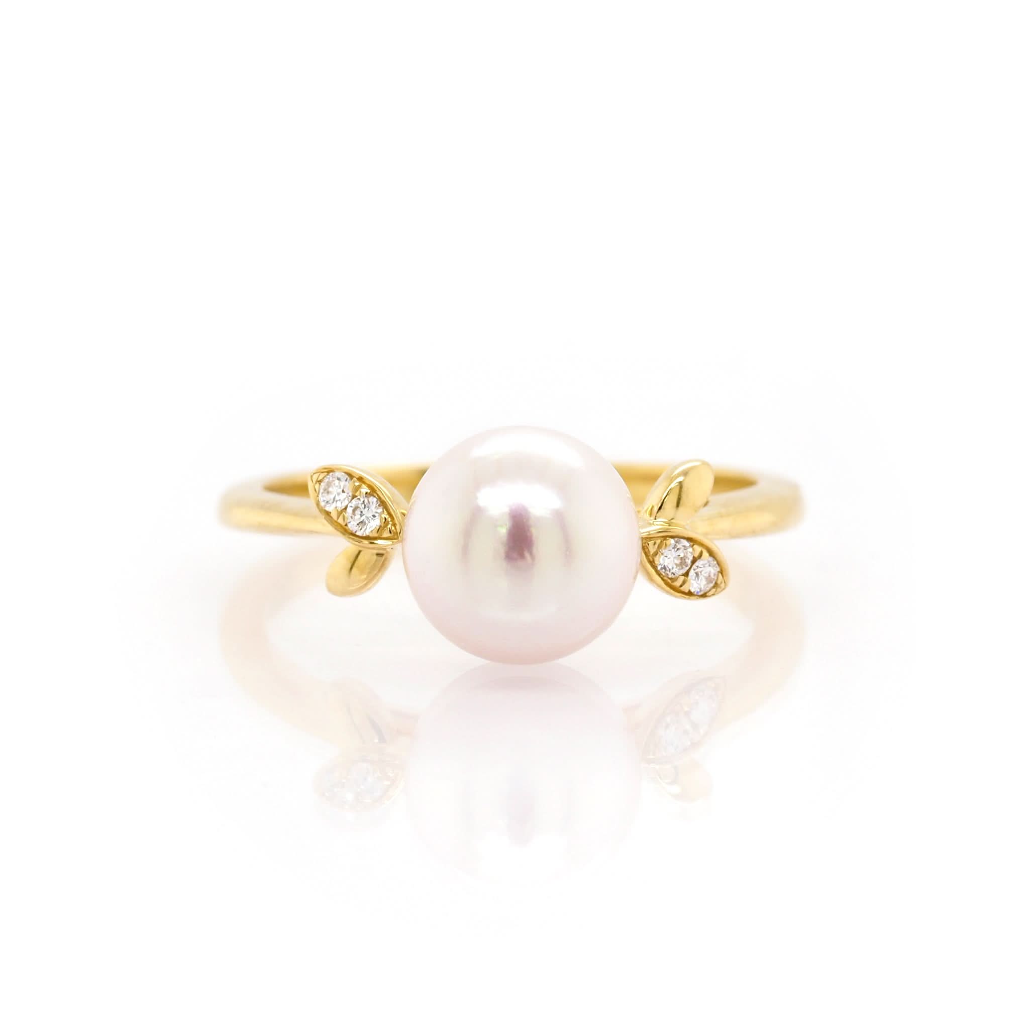 Ogden of Harrogate Jewellery 18ct Yellow Gold Single Akoya Pearl Ring with Diamond-Set Leaf Shoulders