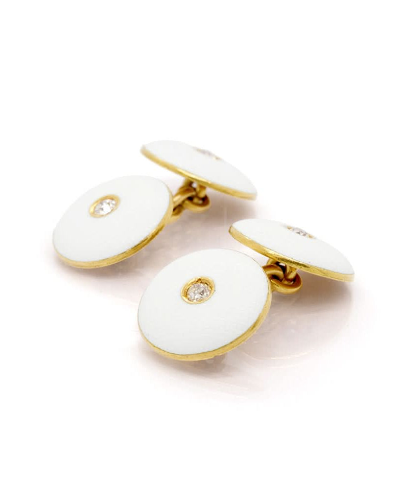 Ogden of Harrogate Jewellery 18ct Yellow Gold White Enamel Chain Cufflinks Set with Diamonds, c.1930