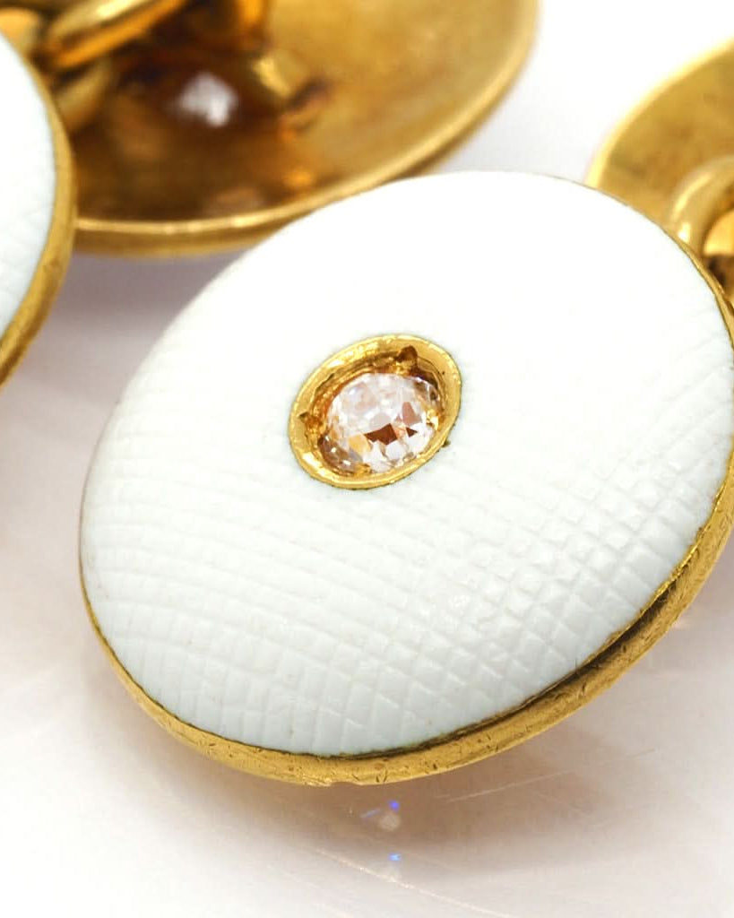 Ogden of Harrogate Jewellery 18ct Yellow Gold White Enamel Chain Cufflinks Set with Diamonds, c.1930