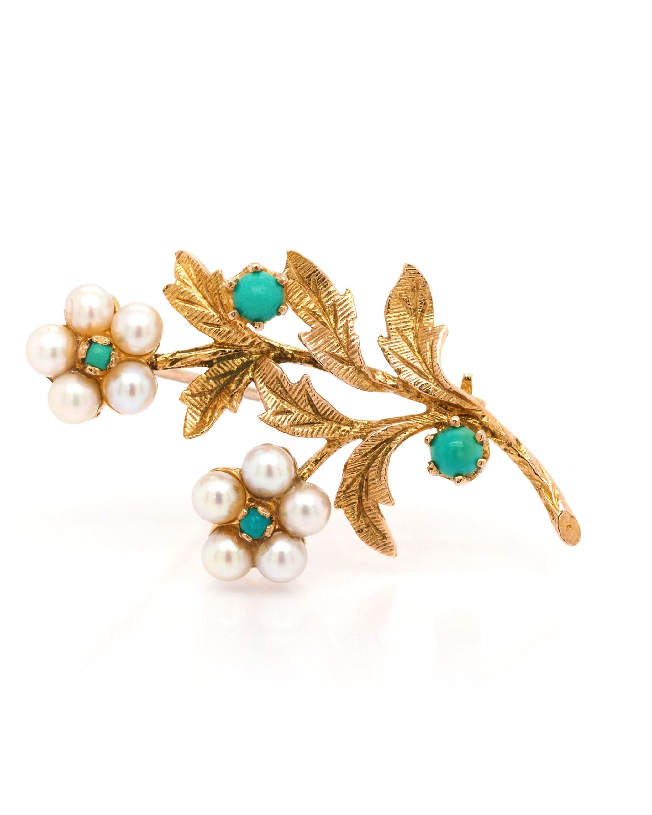 Ogden of Harrogate Jewellery 9ct Yellow Gold Pearl and Turquoise Spray Brooch, c.1968