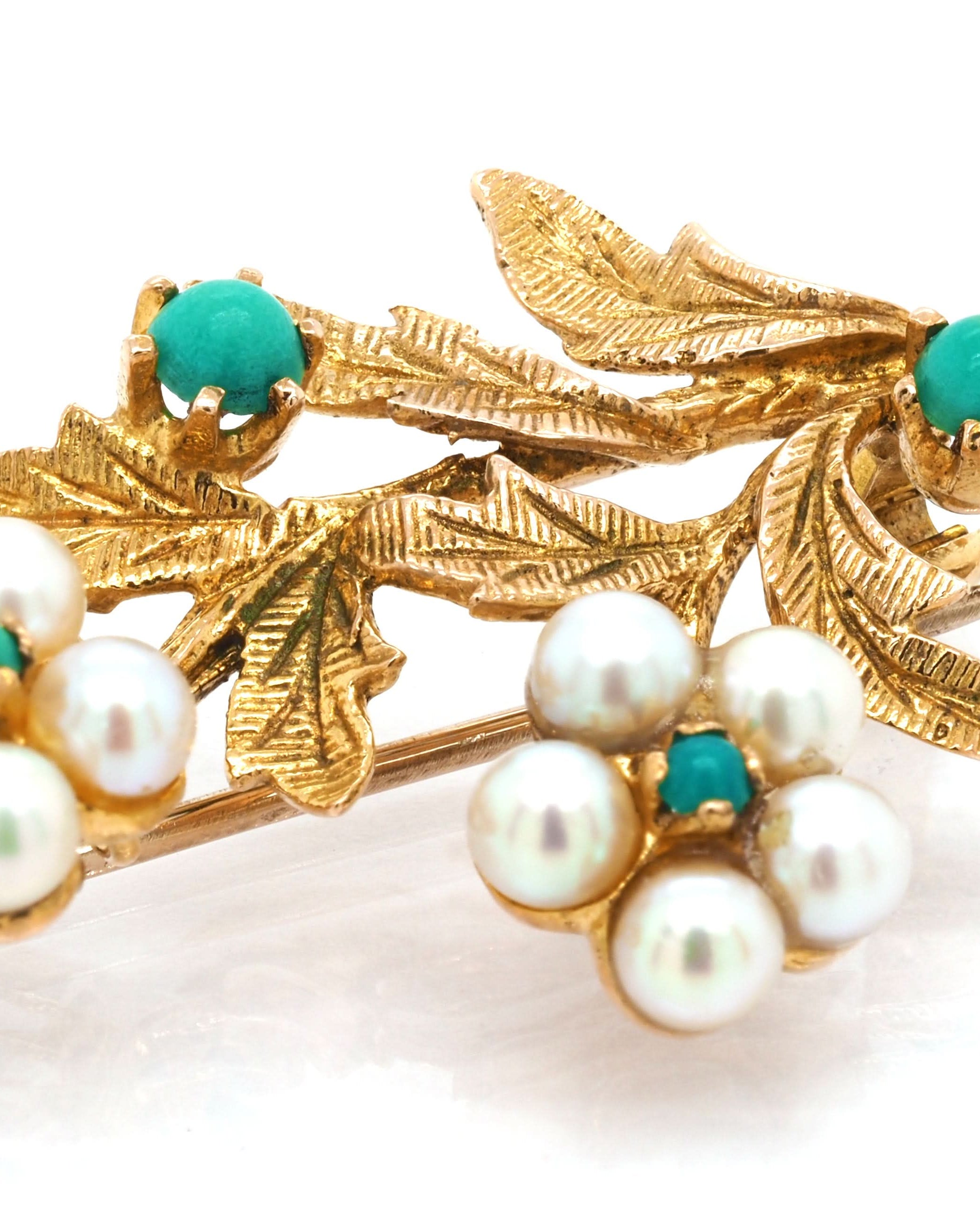 Ogden of Harrogate Jewellery 9ct Yellow Gold Pearl and Turquoise Spray Brooch, c.1968