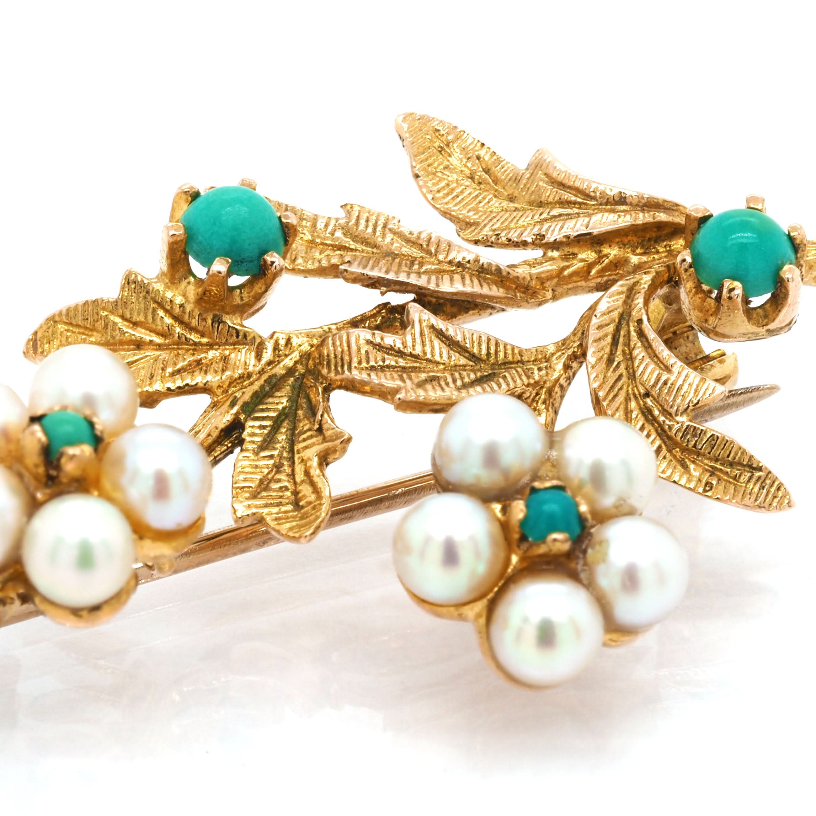 Ogden of Harrogate Jewellery 9ct Yellow Gold Pearl and Turquoise Spray Brooch, c.1968