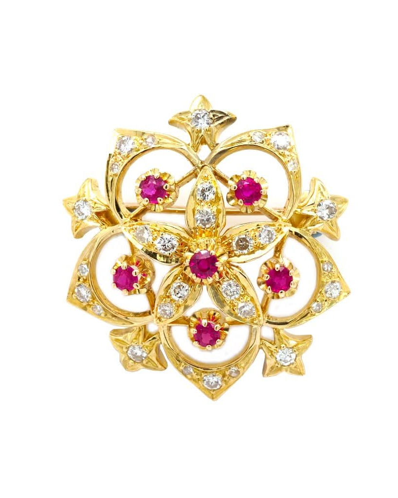 Ogden of Harrogate Jewellery A 9ct Gold, Diamond and Ruby Flower Brooch