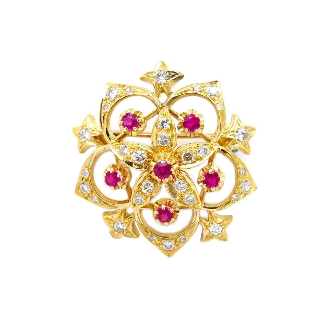 Ogden of Harrogate Jewellery A 9ct Gold, Diamond and Ruby Flower Brooch