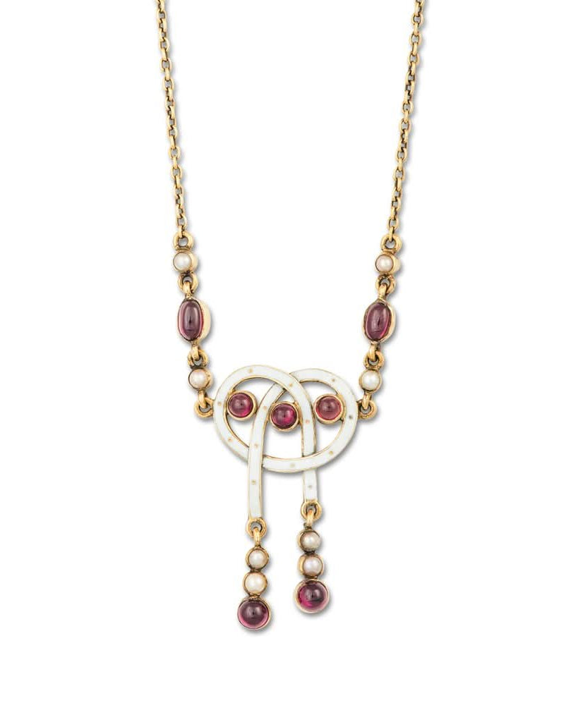 Ogden of Harrogate Jewellery A Cabochon Garnet, Pearl and Enamel Necklace