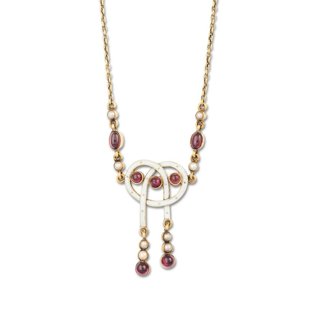Ogden of Harrogate Jewellery A Cabochon Garnet, Pearl and Enamel Necklace