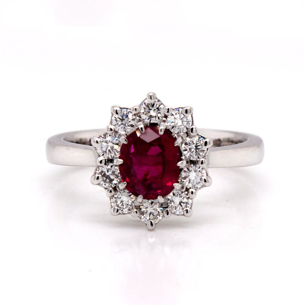 Ogden of Harrogate Jewellery A Platinum Ruby and Diamond Cluster Ring