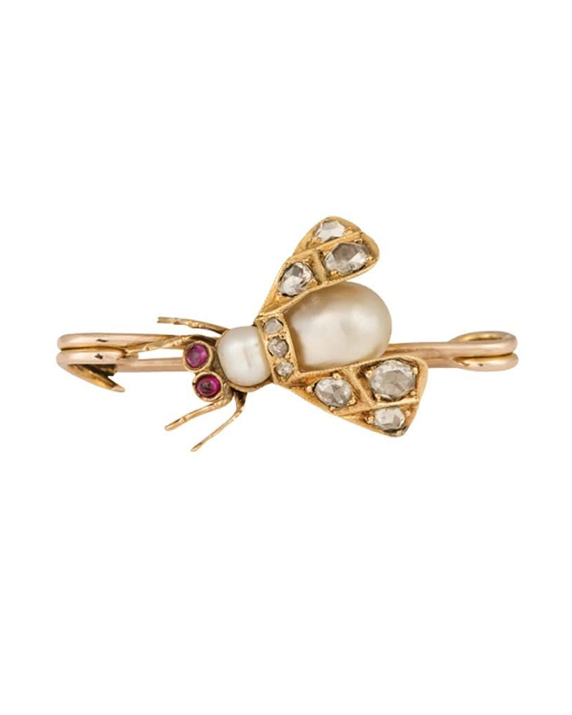 Ogden of Harrogate Jewellery A Victorian 15ct yellow gold, vintage fly insect brooch formed from two natural pearls