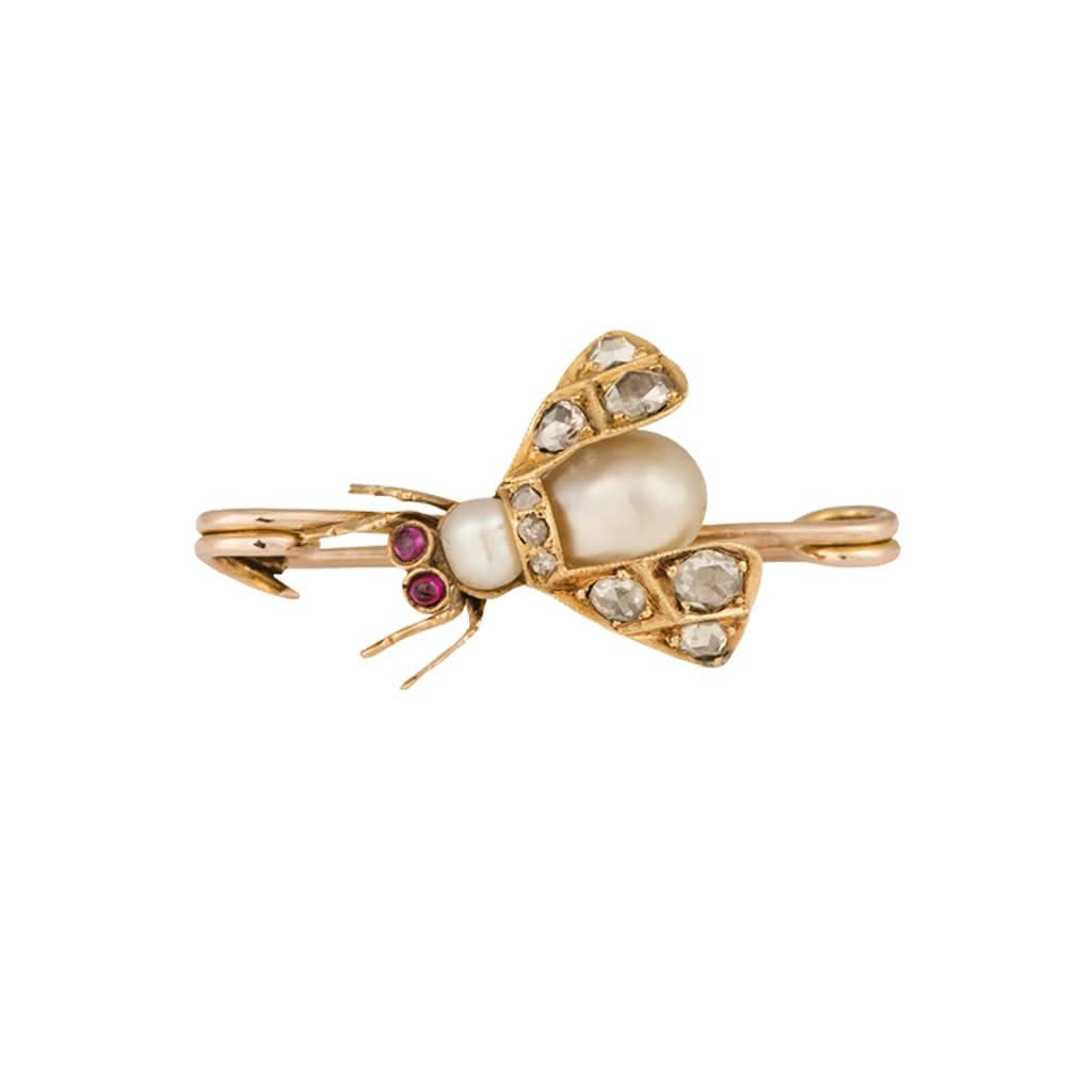 Ogden of Harrogate Jewellery A Victorian 15ct yellow gold, vintage fly insect brooch formed from two natural pearls