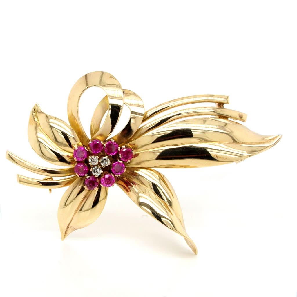 Ogden of Harrogate Jewellery A Vintage 14ct Gold, Pink Sapphire and Diamond Flower Spray Brooch
