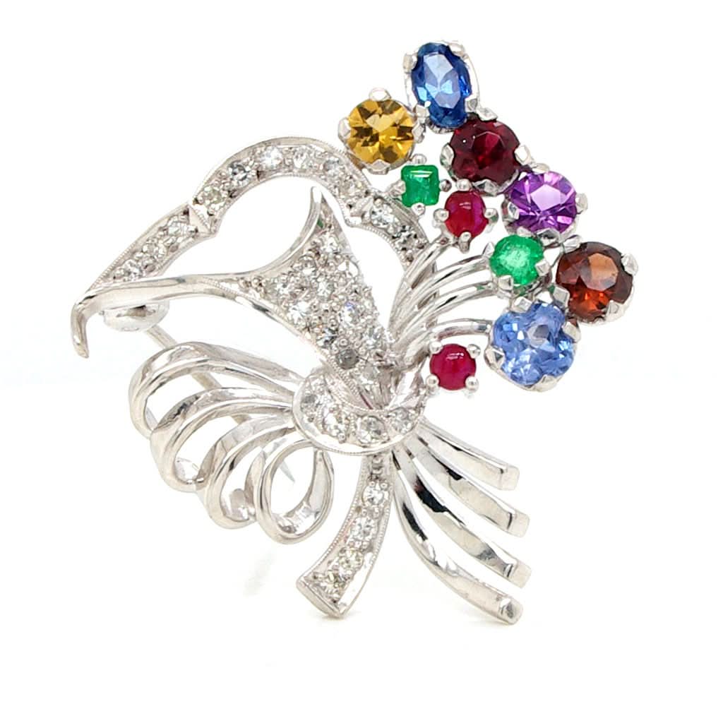 Ogden of Harrogate Jewellery A Vintage 18ct White Gold, Diamond and Multi-Gem Giardenetto Brooch