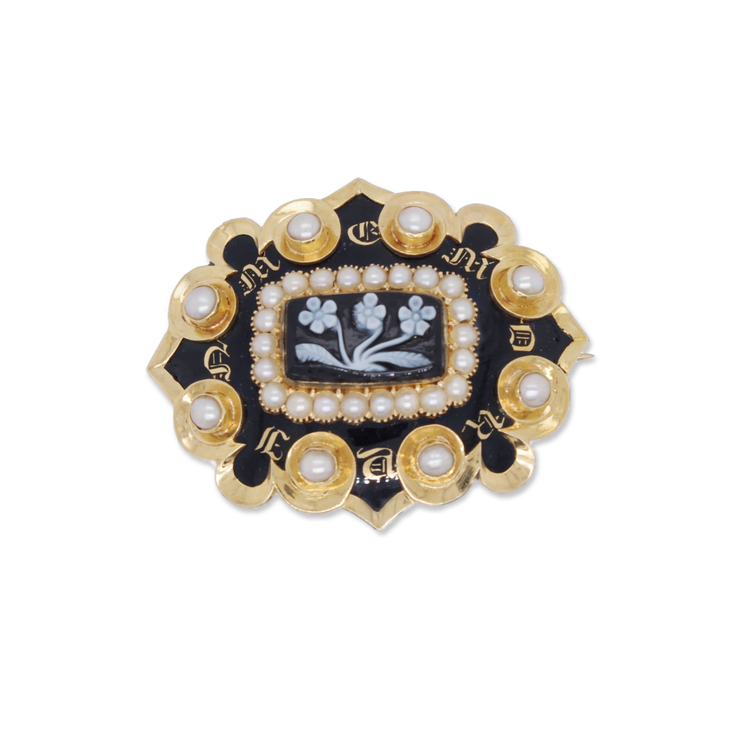 Ogden of Harrogate Jewellery A Yellow Gold, Enamel and Pearl Mourning Brooch, Job Allitt, dated 1835