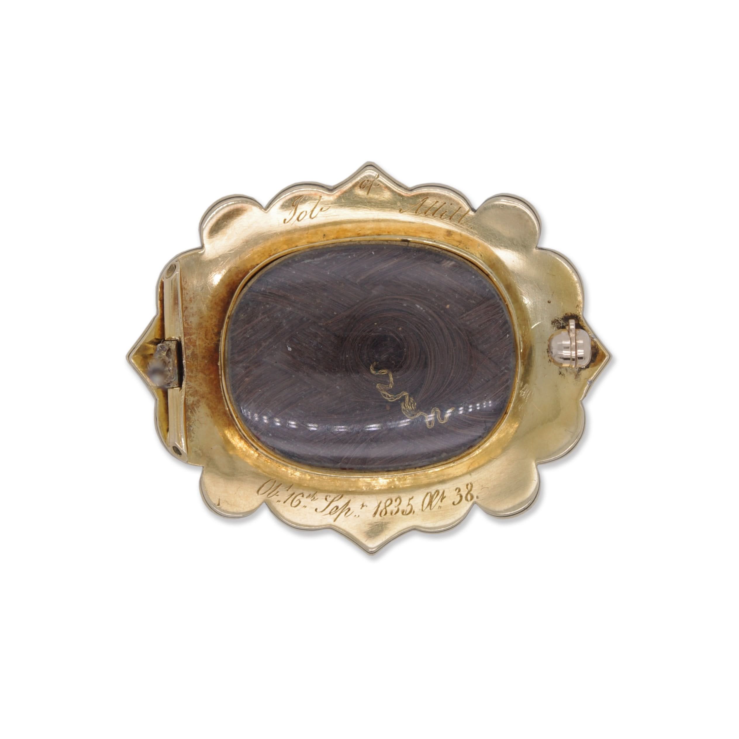 Ogden of Harrogate Jewellery A Yellow Gold, Enamel and Pearl Mourning Brooch, Job Allitt, dated 1835